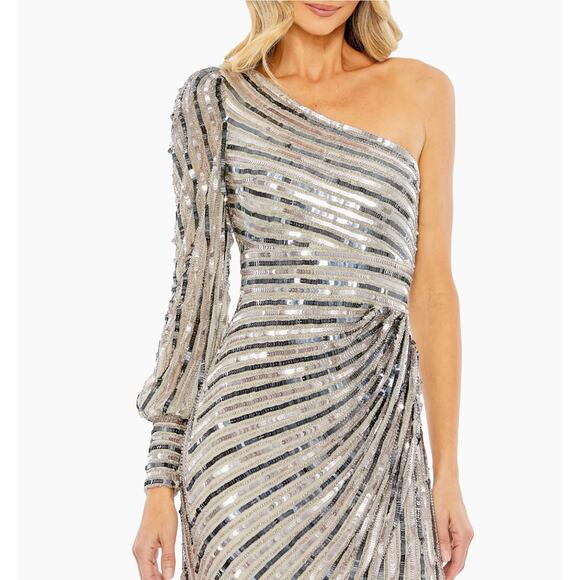 Mac Duggal 10793 Asymmetrical One Shoulder Sequin Gown Platinum Size 6 NWT - Picture 2 of 11